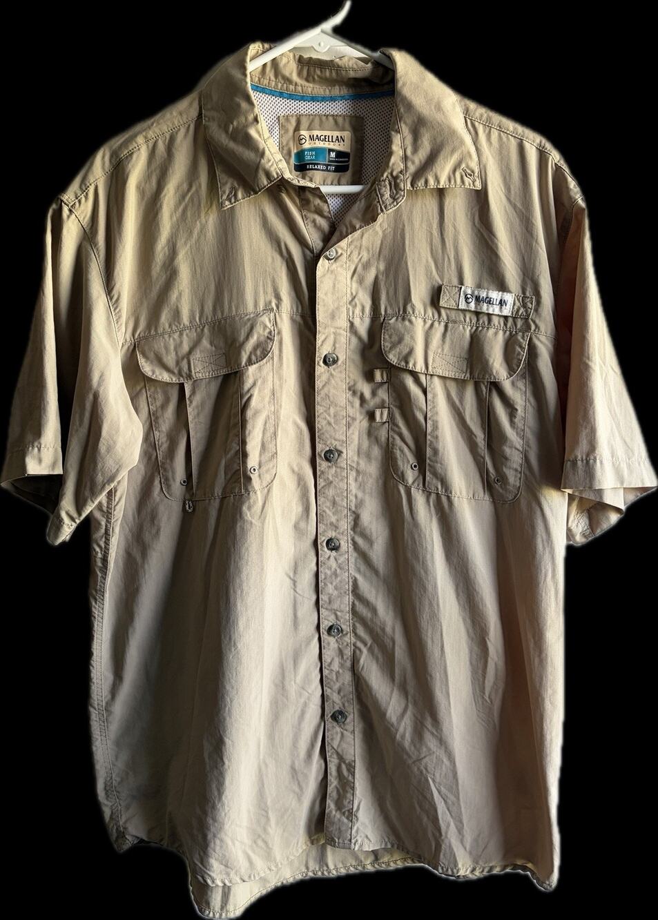 Magellan Outdoors Fishing Shirt Mens Medium Tan Beige Vented Mesh Back XL